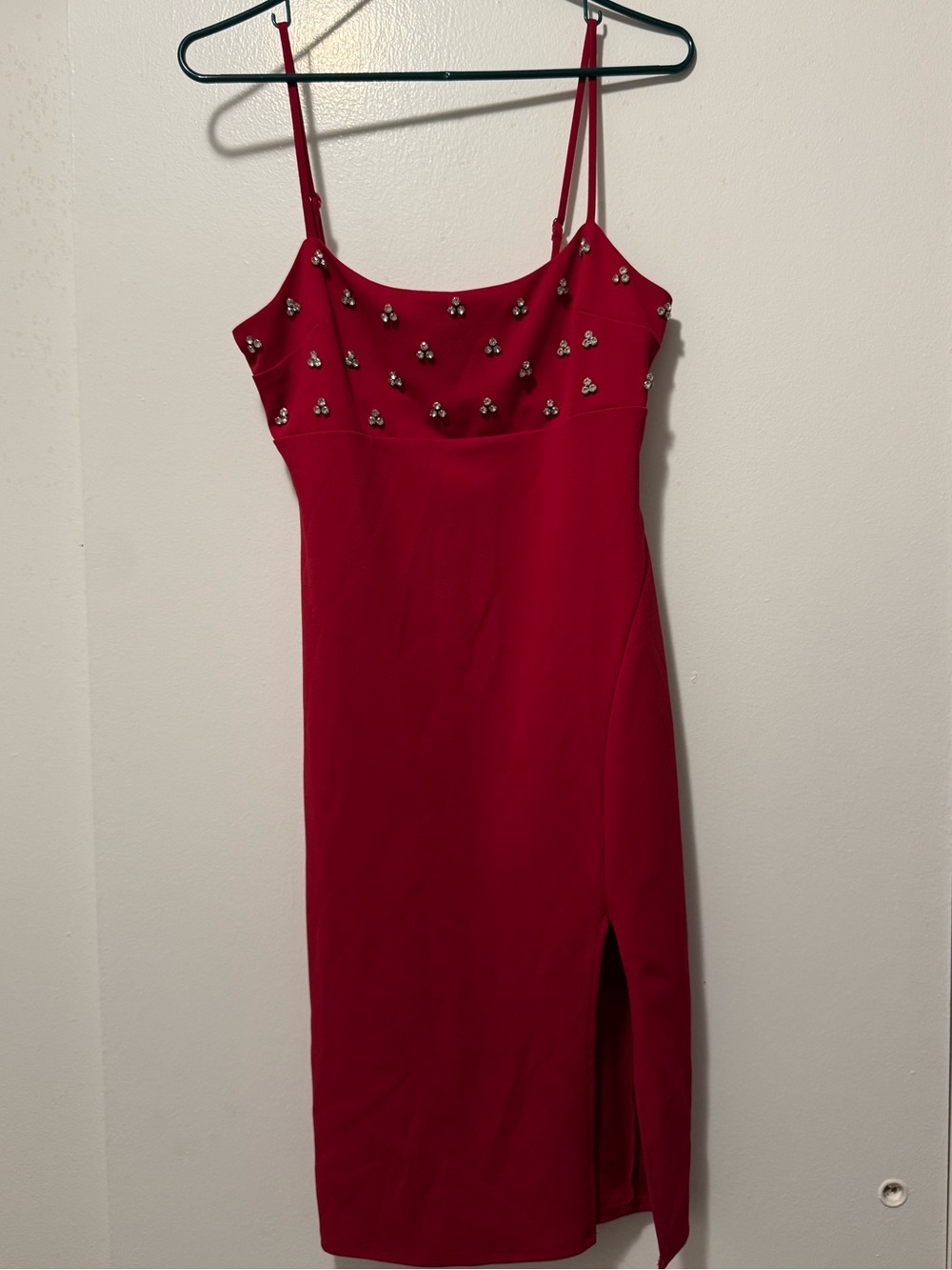 City Studio Red Midi Dress with Beaded Bodice and Side Slit